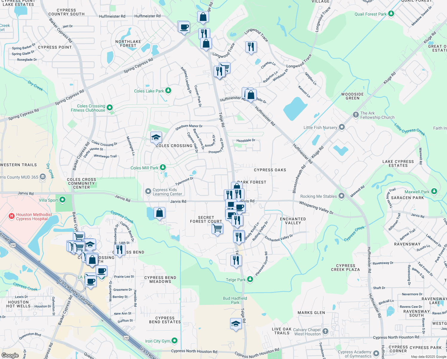 map of restaurants, bars, coffee shops, grocery stores, and more near 13014 Red Laurel Court in Cypress