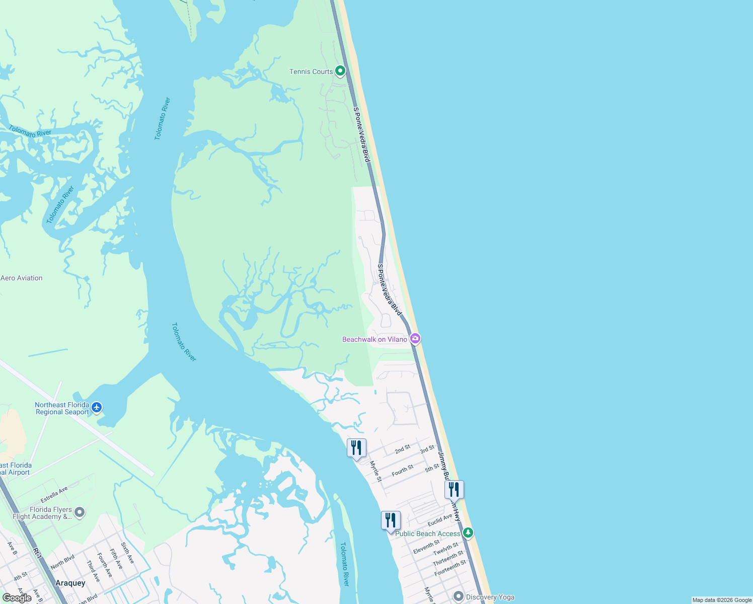 map of restaurants, bars, coffee shops, grocery stores, and more near 3174-3192 A1A in St. Johns