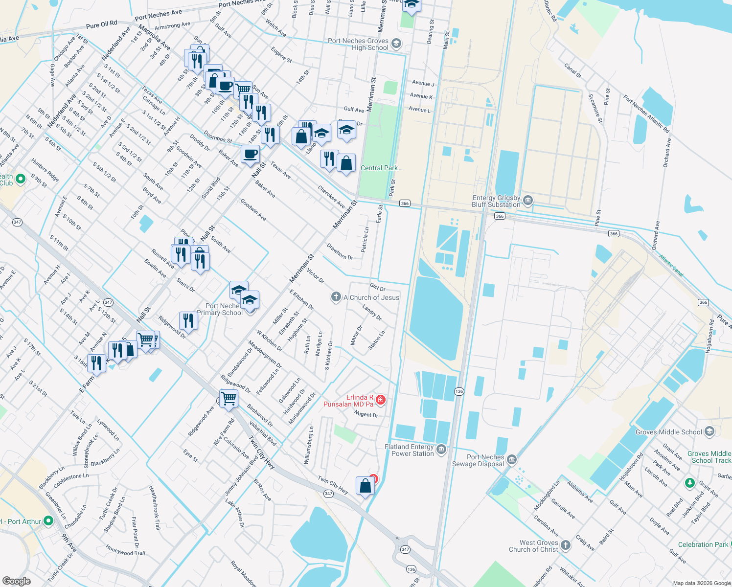 map of restaurants, bars, coffee shops, grocery stores, and more near 2414 Lofton Dr in Port Neches