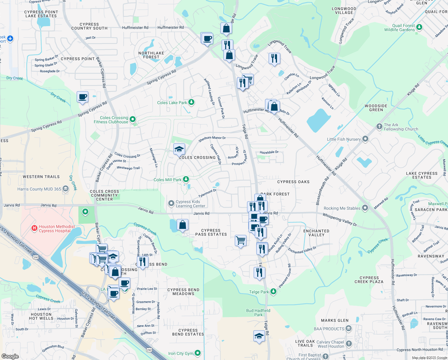 map of restaurants, bars, coffee shops, grocery stores, and more near 15415 Lakeport Crossing Dr in Cypress