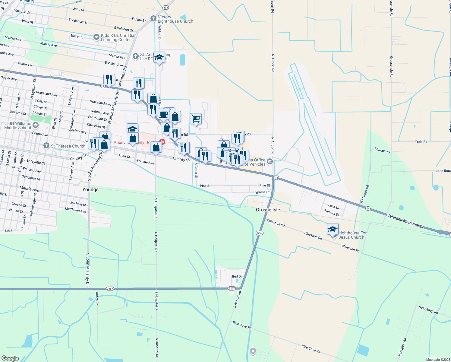 map of restaurants, bars, coffee shops, grocery stores, and more near 198 Azalea Drive in Abbeville
