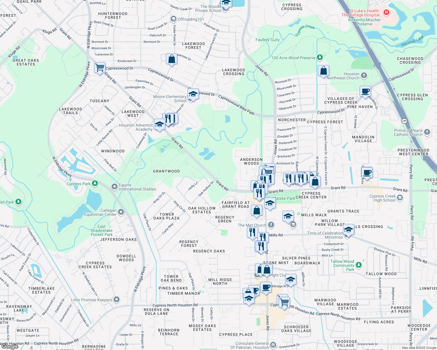 map of restaurants, bars, coffee shops, grocery stores, and more near 11350 Grant Road in Cypress