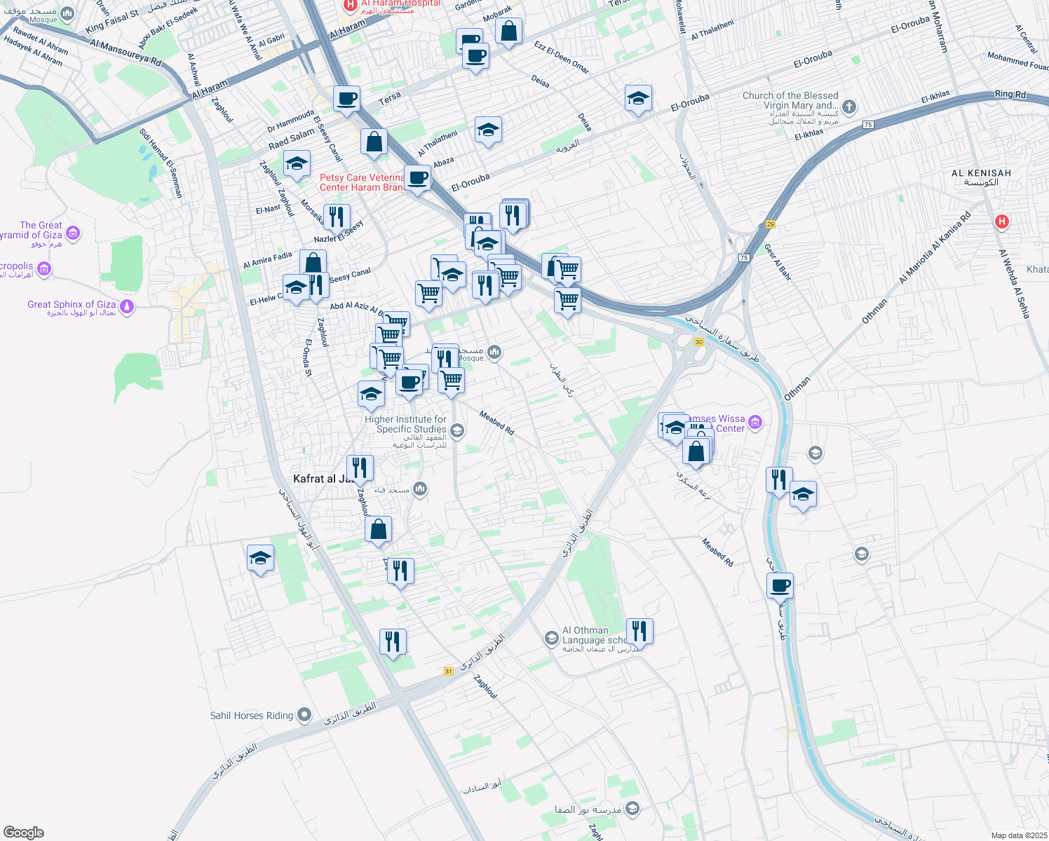 map of restaurants, bars, coffee shops, grocery stores, and more near مجدي الببلاوى in Al Haram