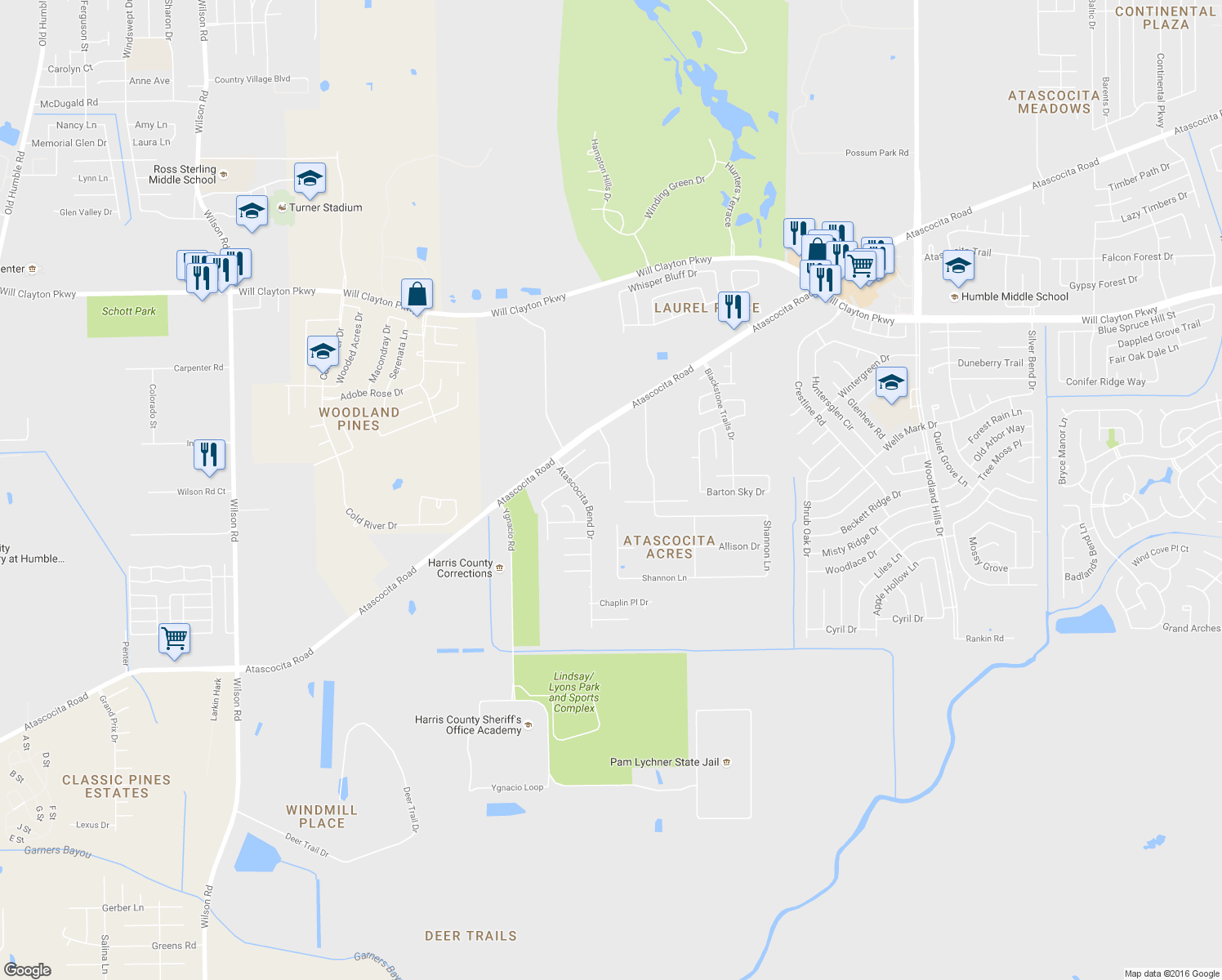 map of restaurants, bars, coffee shops, grocery stores, and more near 17319 Wigeon Way Drive in Humble