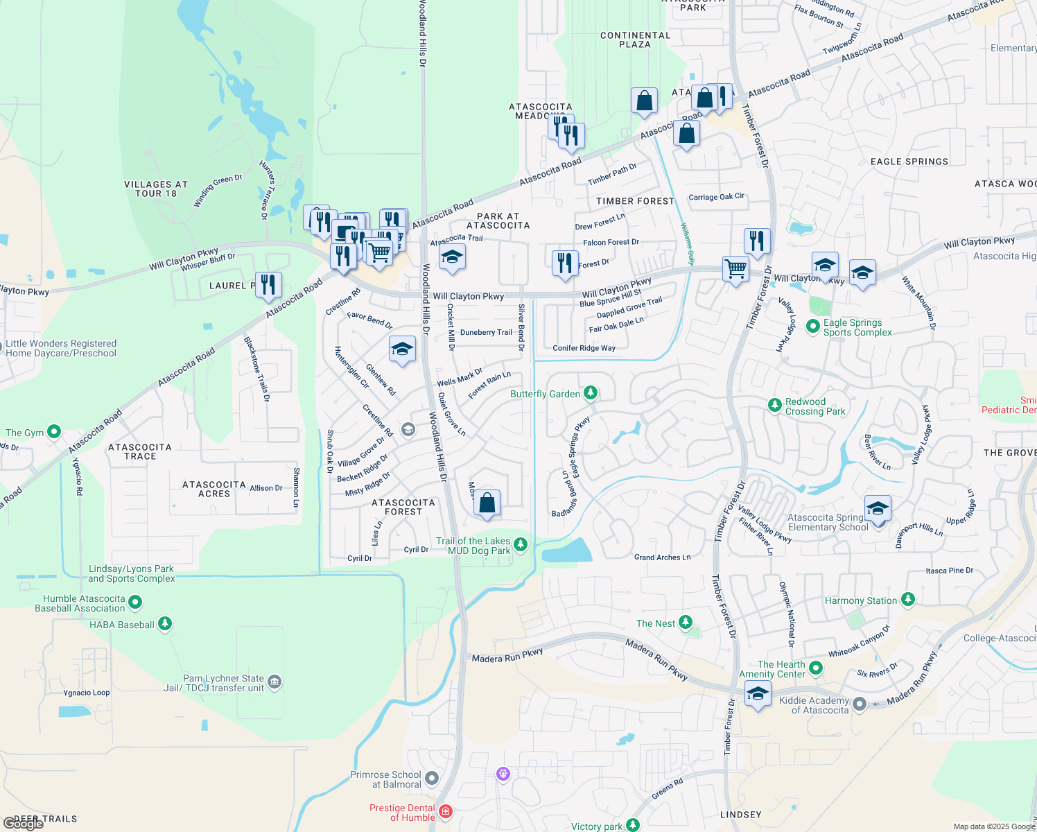 map of restaurants, bars, coffee shops, grocery stores, and more near 16531 Morning Shadows Way in Humble