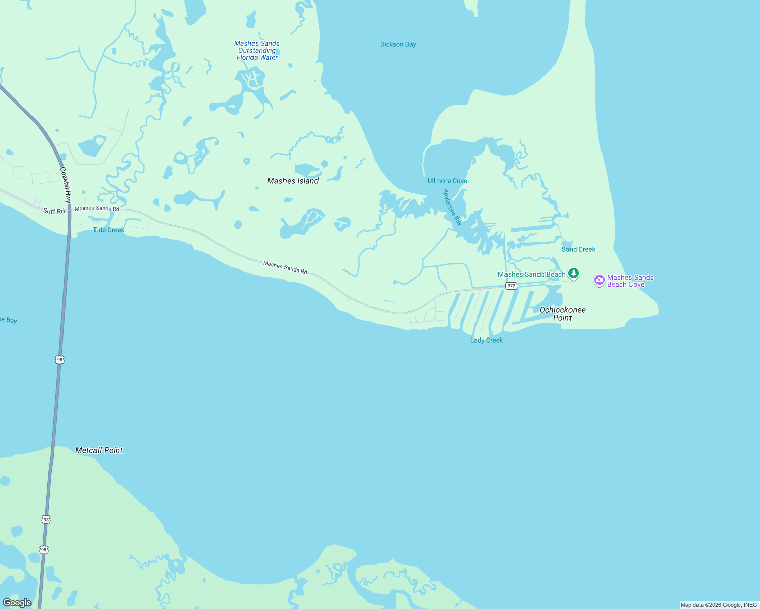 map of restaurants, bars, coffee shops, grocery stores, and more near 566 Mashes Sands Road in Panacea
