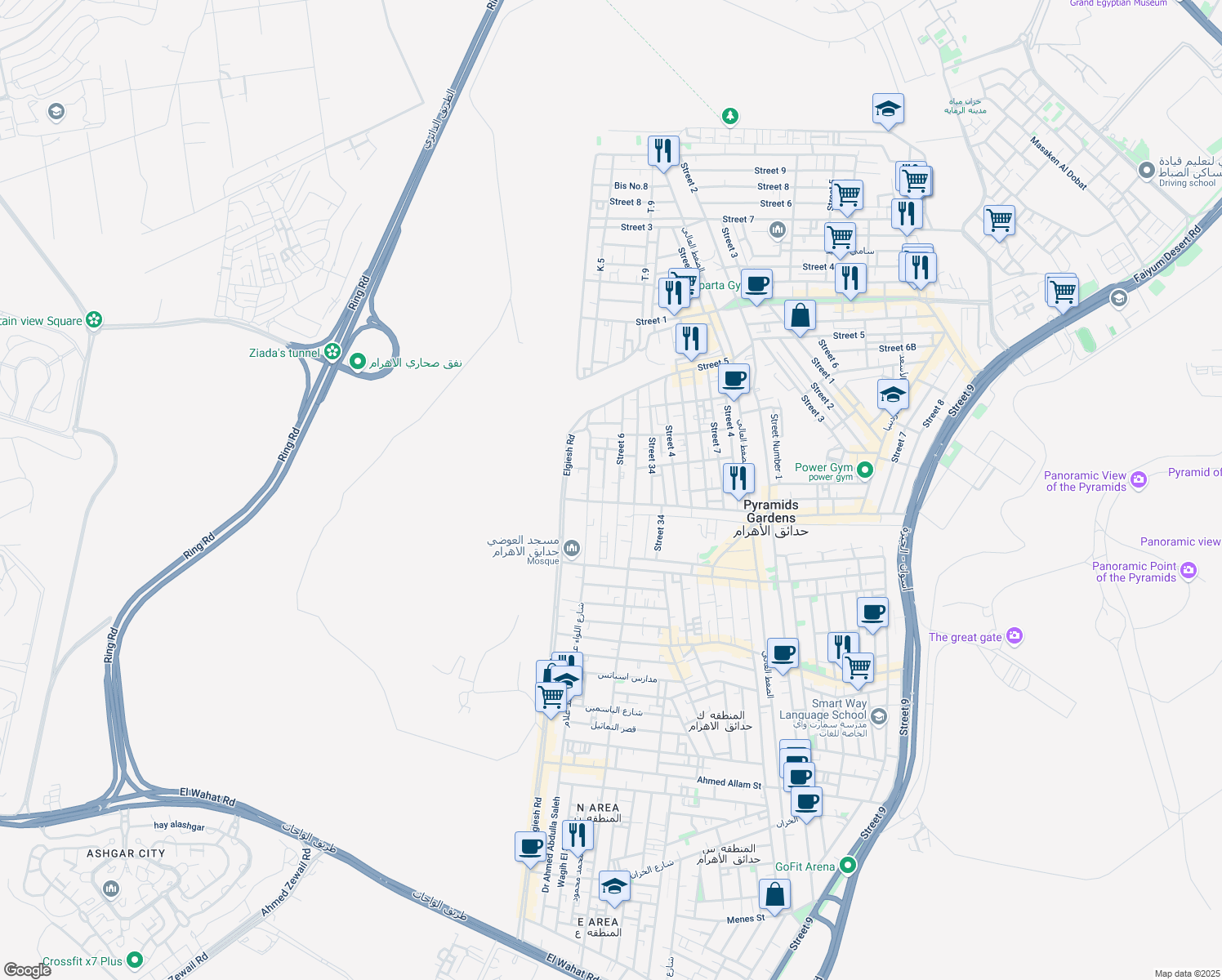 map of restaurants, bars, coffee shops, grocery stores, and more near in Pyramids Gardens