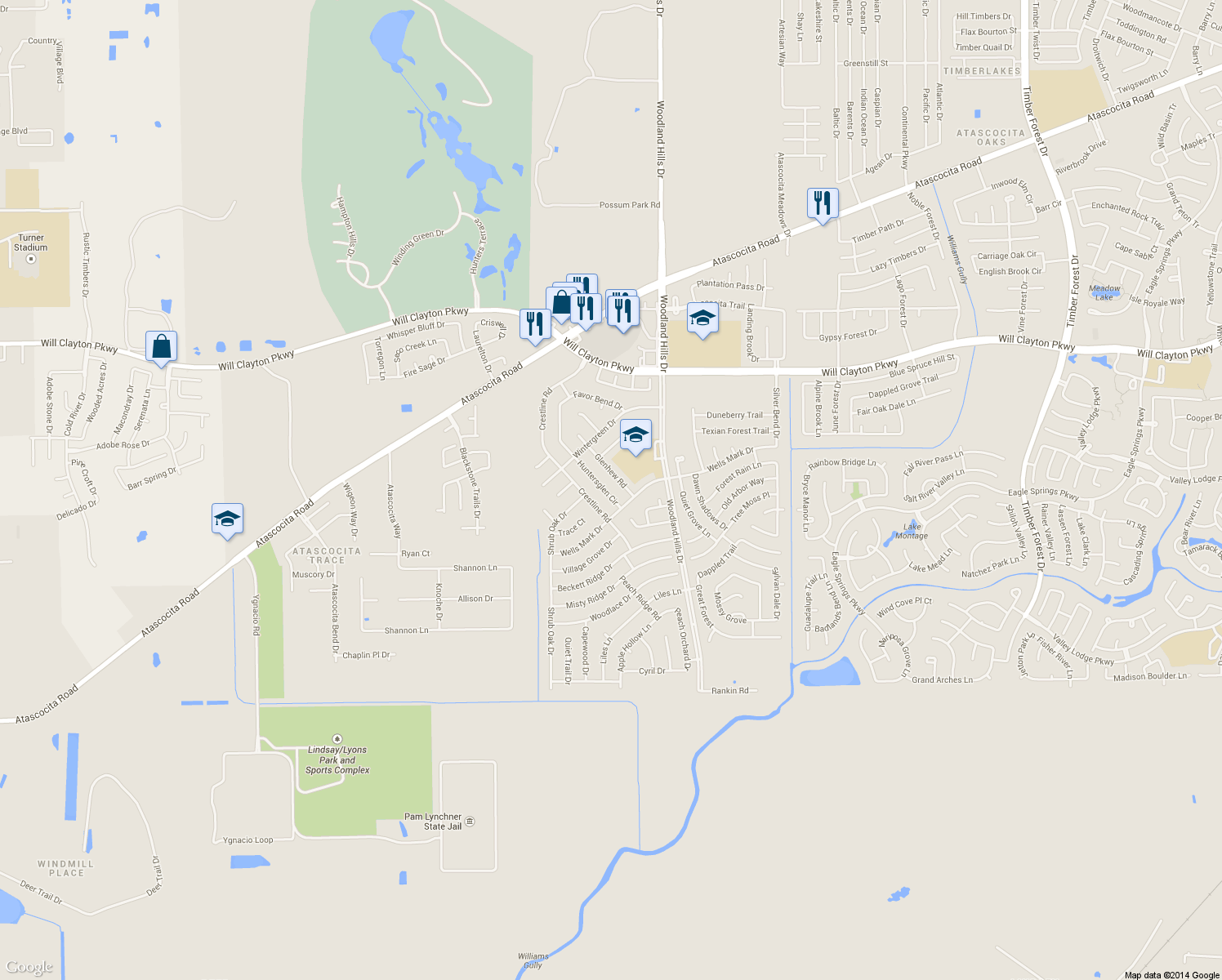 map of restaurants, bars, coffee shops, grocery stores, and more near 17318 Huntersglen Circle in Humble