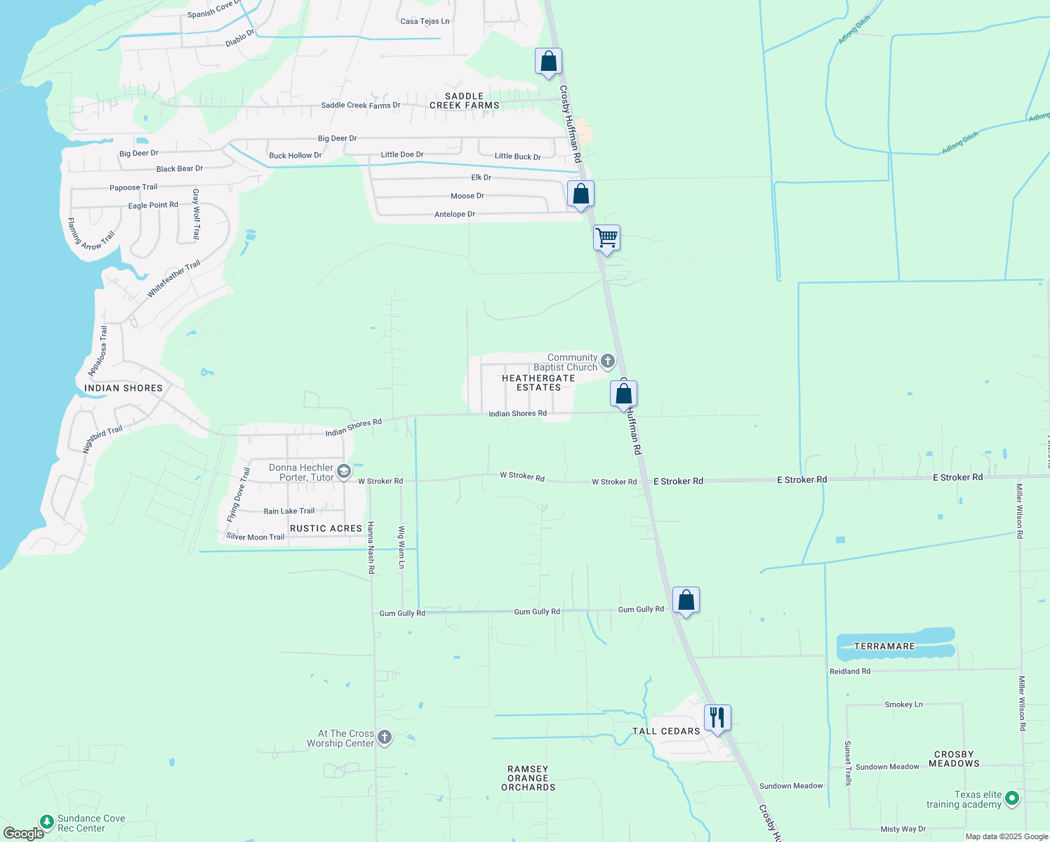 map of restaurants, bars, coffee shops, grocery stores, and more near 431 Indian Shores Road in Crosby