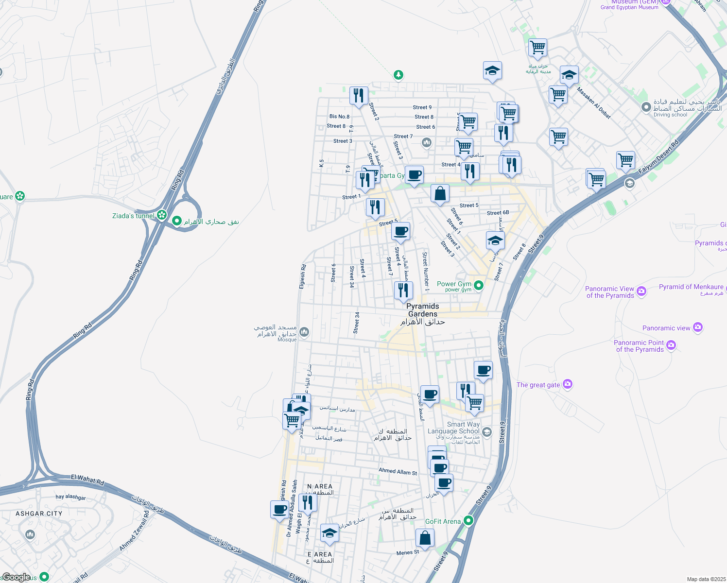 map of restaurants, bars, coffee shops, grocery stores, and more near in Pyramids Gardens