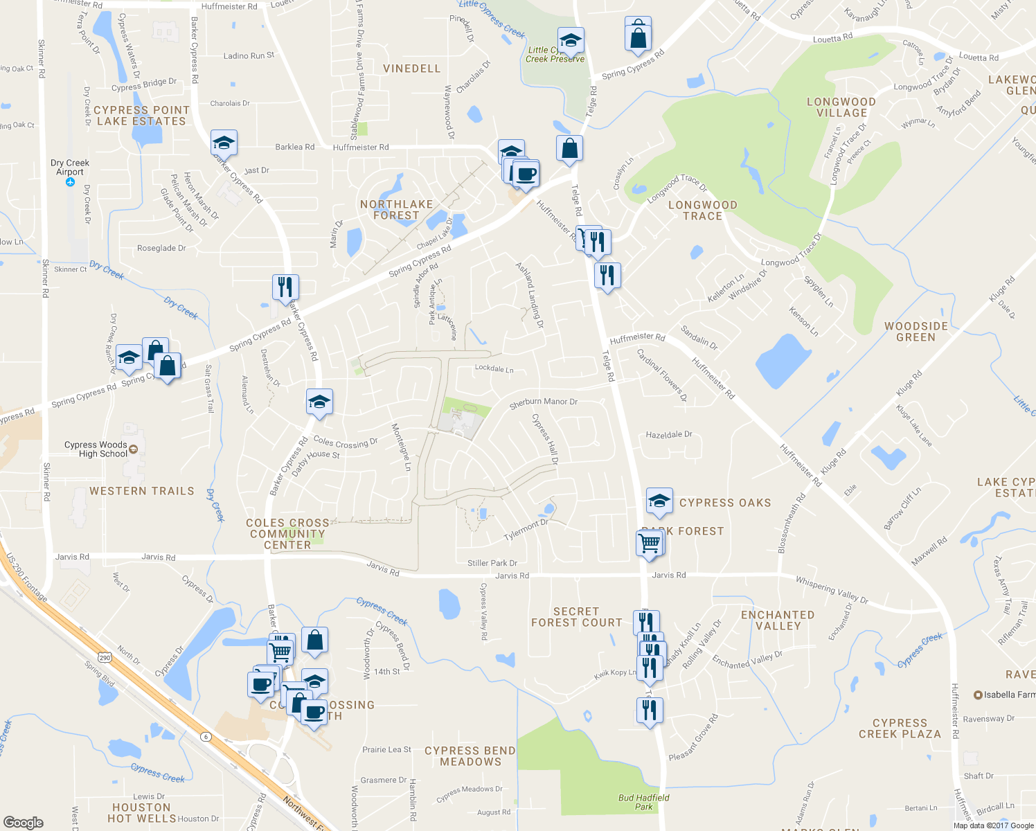 map of restaurants, bars, coffee shops, grocery stores, and more near 15926 Linwood Manor Ct in Cypress