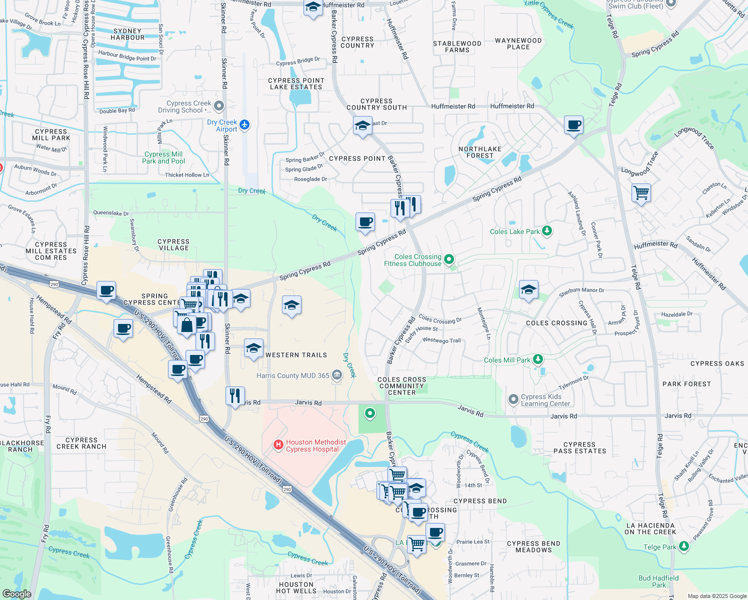 map of restaurants, bars, coffee shops, grocery stores, and more near 13507 Bedford Chase in Cypress