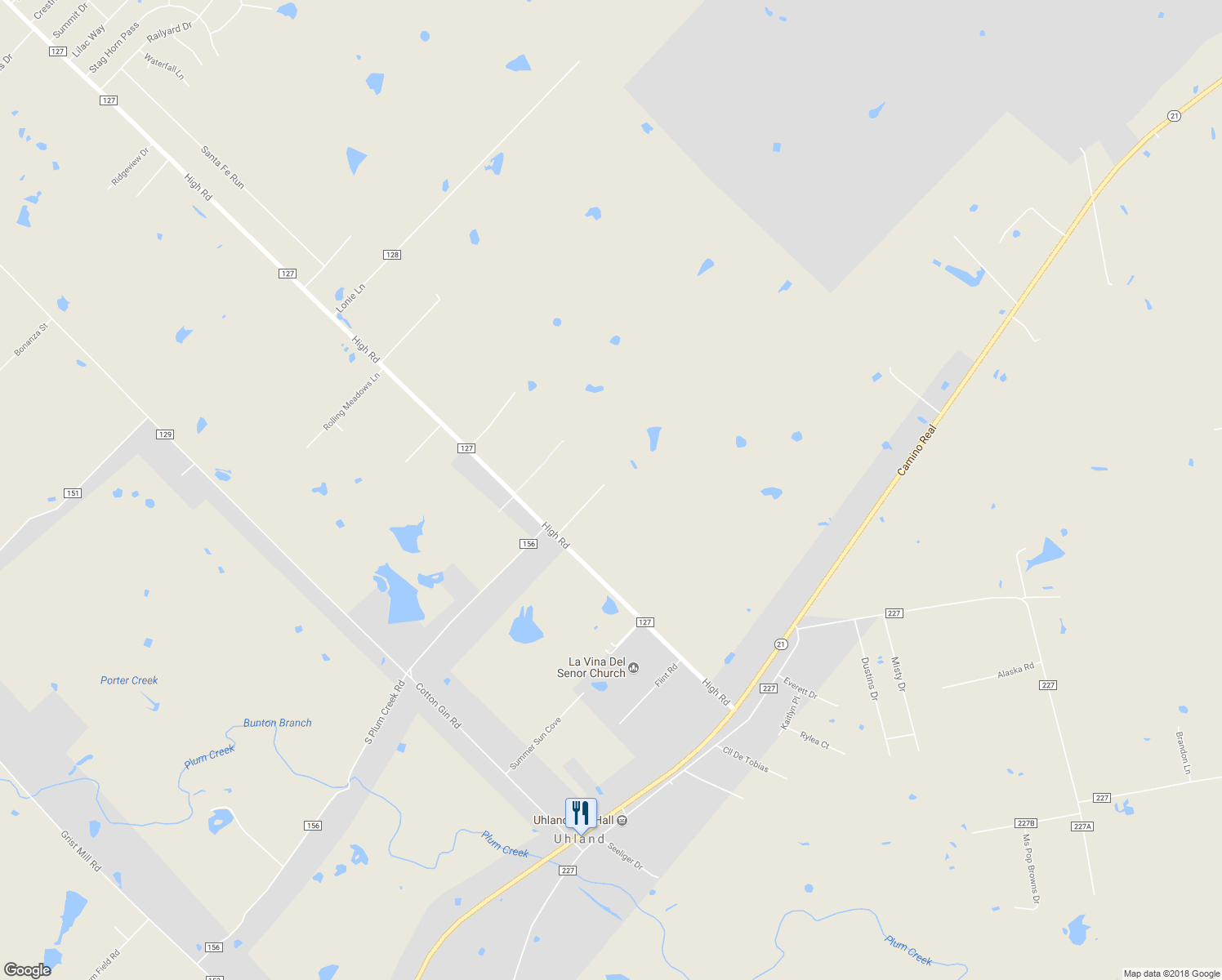 map of restaurants, bars, coffee shops, grocery stores, and more near 2301 High Road in Kyle