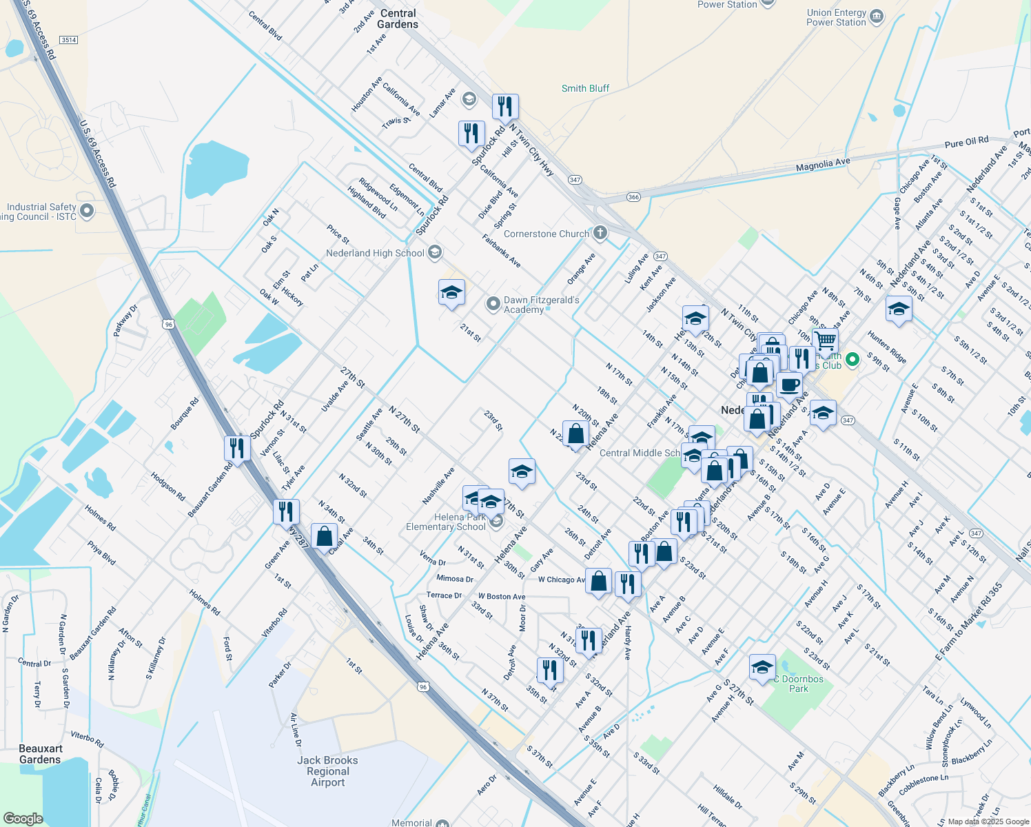 map of restaurants, bars, coffee shops, grocery stores, and more near 1303 North 22nd Street in Nederland