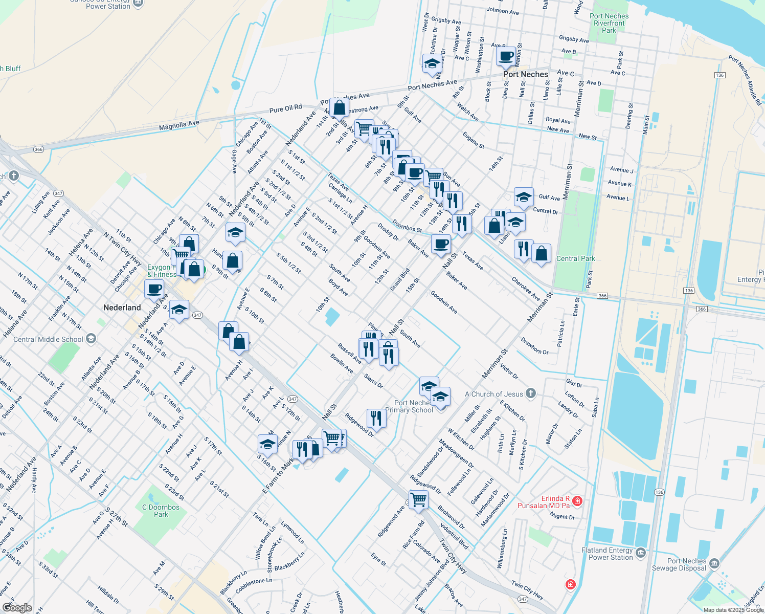 map of restaurants, bars, coffee shops, grocery stores, and more near 2635 Grand Blvd in Port Neches