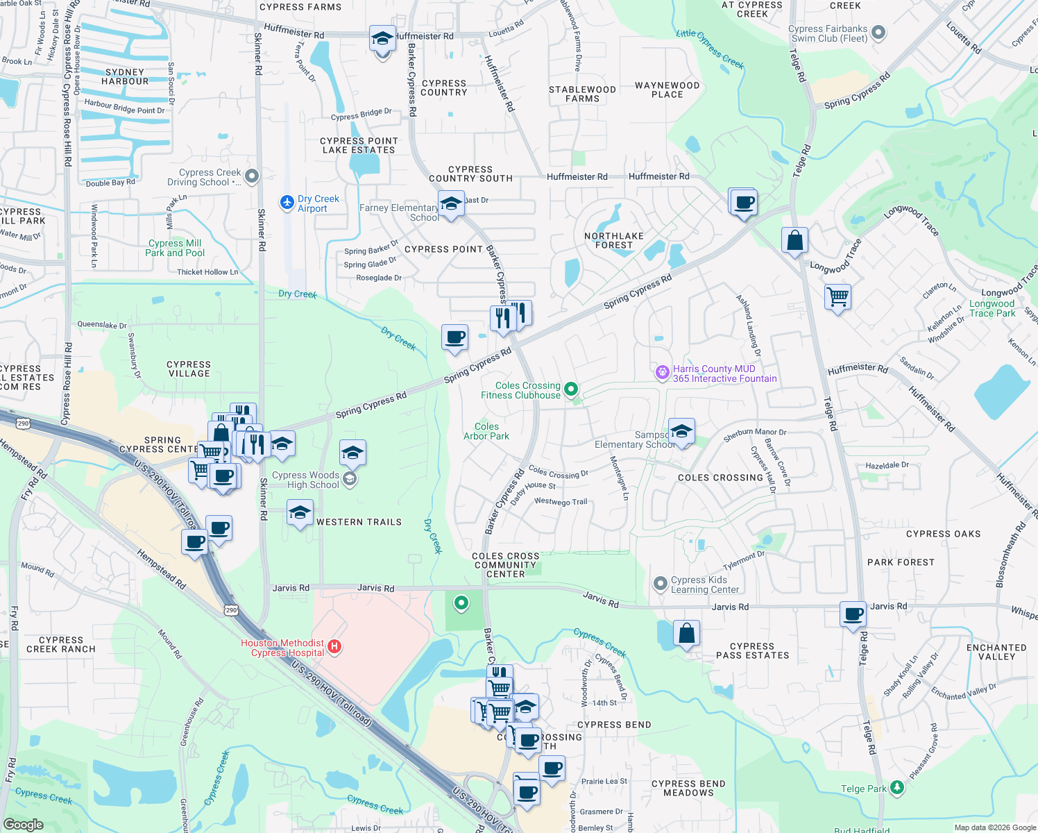 map of restaurants, bars, coffee shops, grocery stores, and more near 13723 Magnolia Manor Dr in Cypress