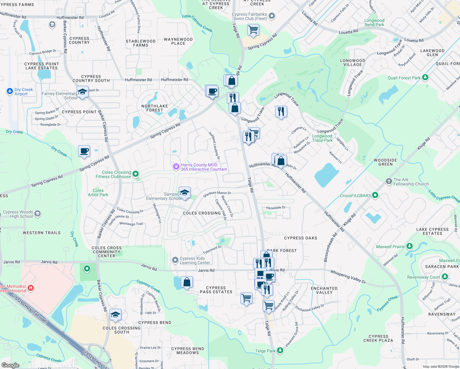 map of restaurants, bars, coffee shops, grocery stores, and more near 15911 Hurstfield Pointe Drive in Cypress