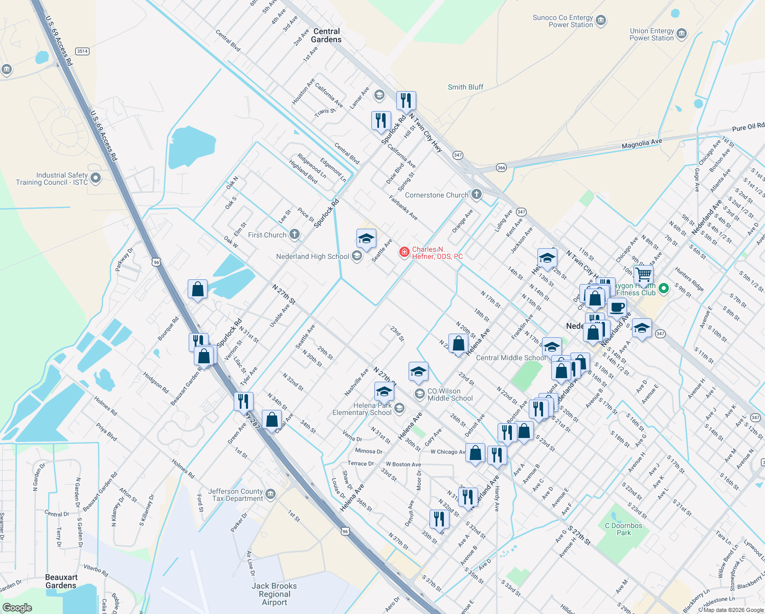 map of restaurants, bars, coffee shops, grocery stores, and more near 2221 Canal Avenue in Nederland