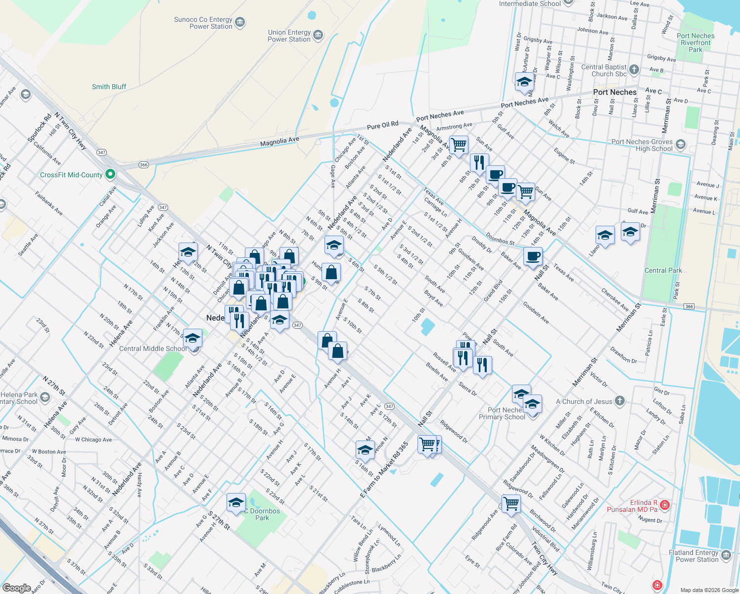 map of restaurants, bars, coffee shops, grocery stores, and more near 704 S 7th St in Nederland