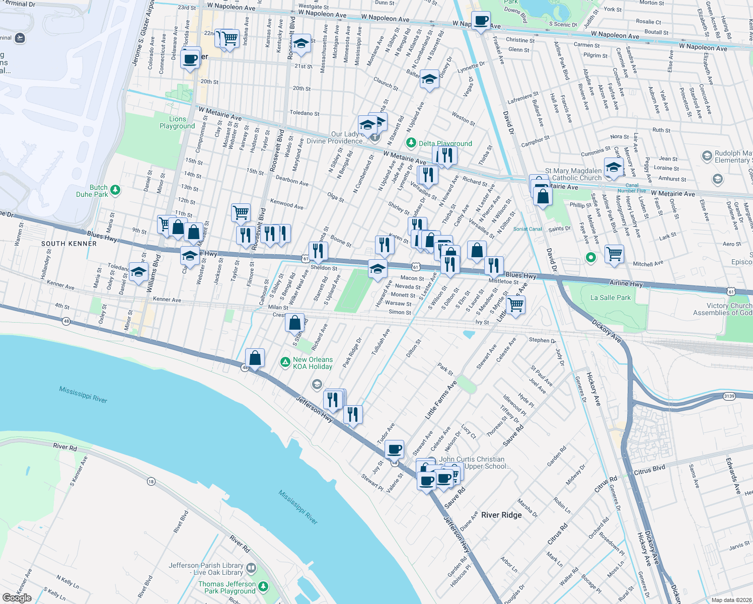 map of restaurants, bars, coffee shops, grocery stores, and more near 909 North Sibley Street in Metairie
