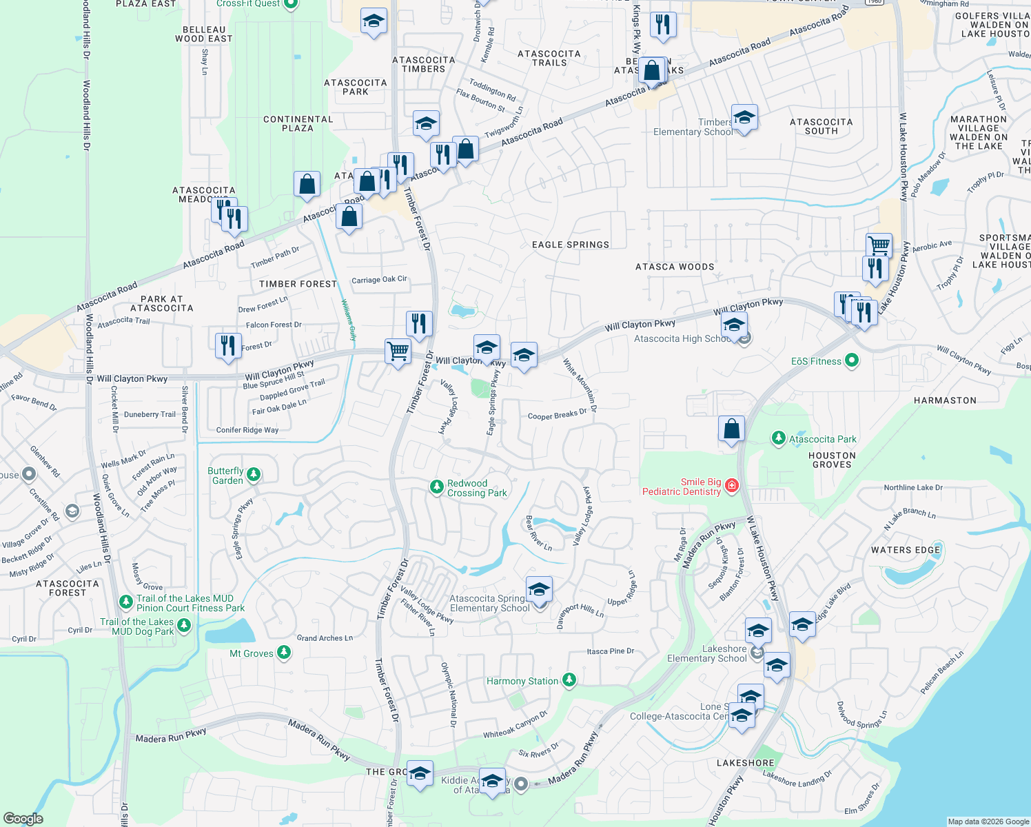 map of restaurants, bars, coffee shops, grocery stores, and more near 17807 Honeysuckle Springs Road in Humble