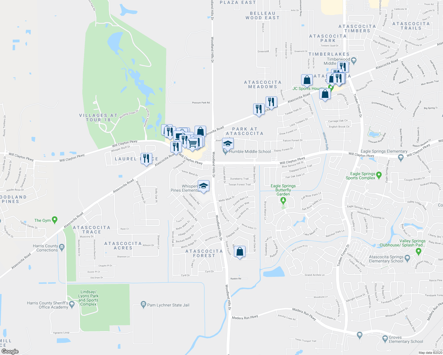 map of restaurants, bars, coffee shops, grocery stores, and more near 4035 Duneberry Trail in Humble