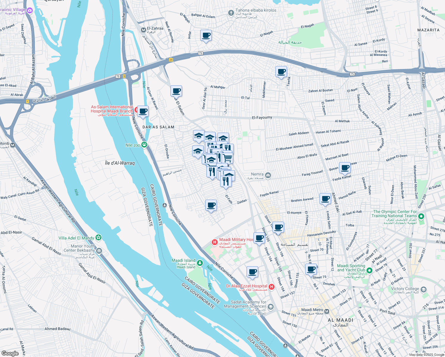 map of restaurants, bars, coffee shops, grocery stores, and more near in El Basatin