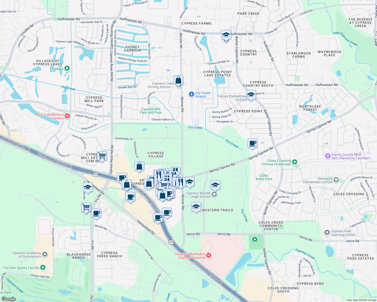 map of restaurants, bars, coffee shops, grocery stores, and more near 13950 Skinner Road in Cypress
