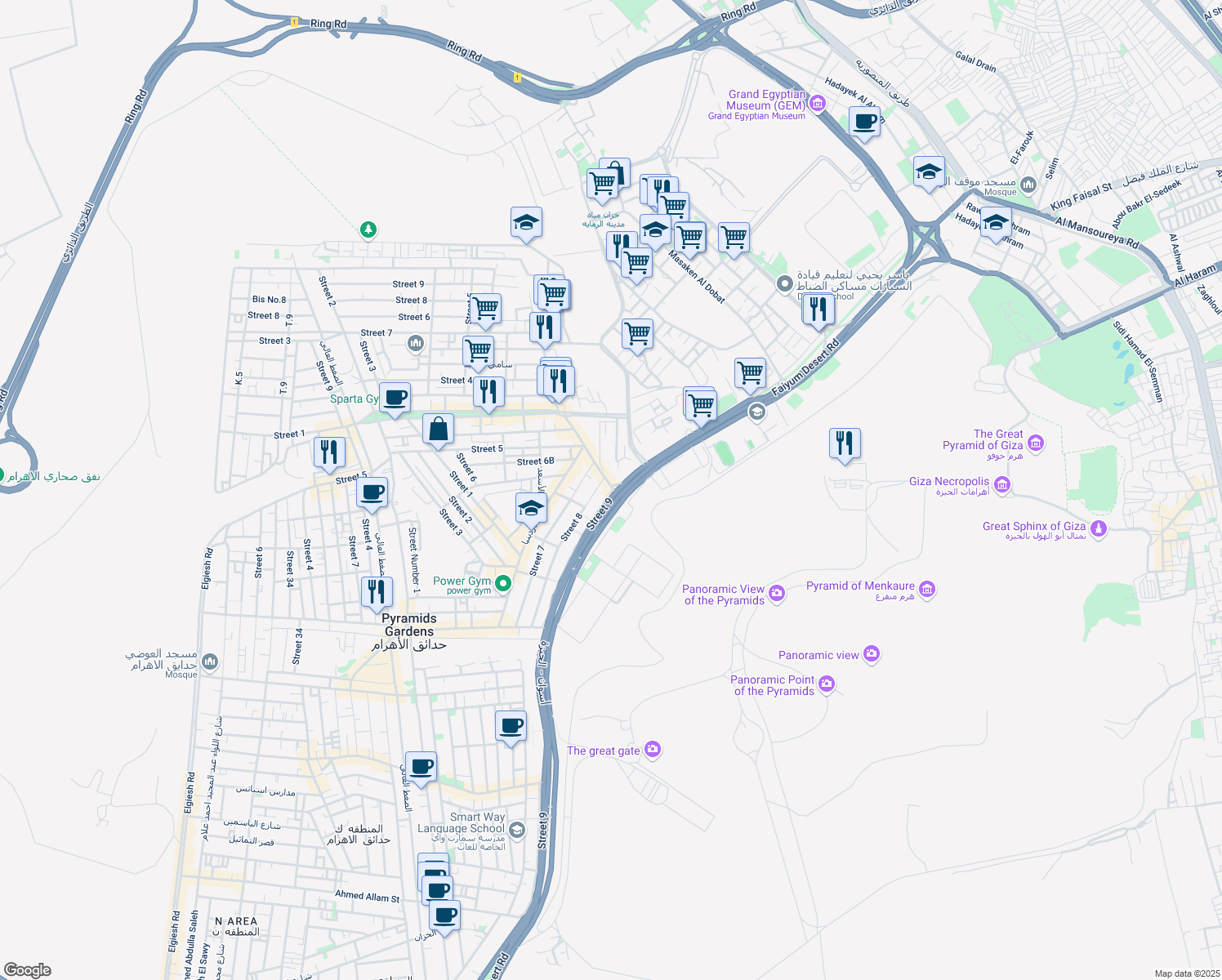 map of restaurants, bars, coffee shops, grocery stores, and more near Street 1 in Al Haram