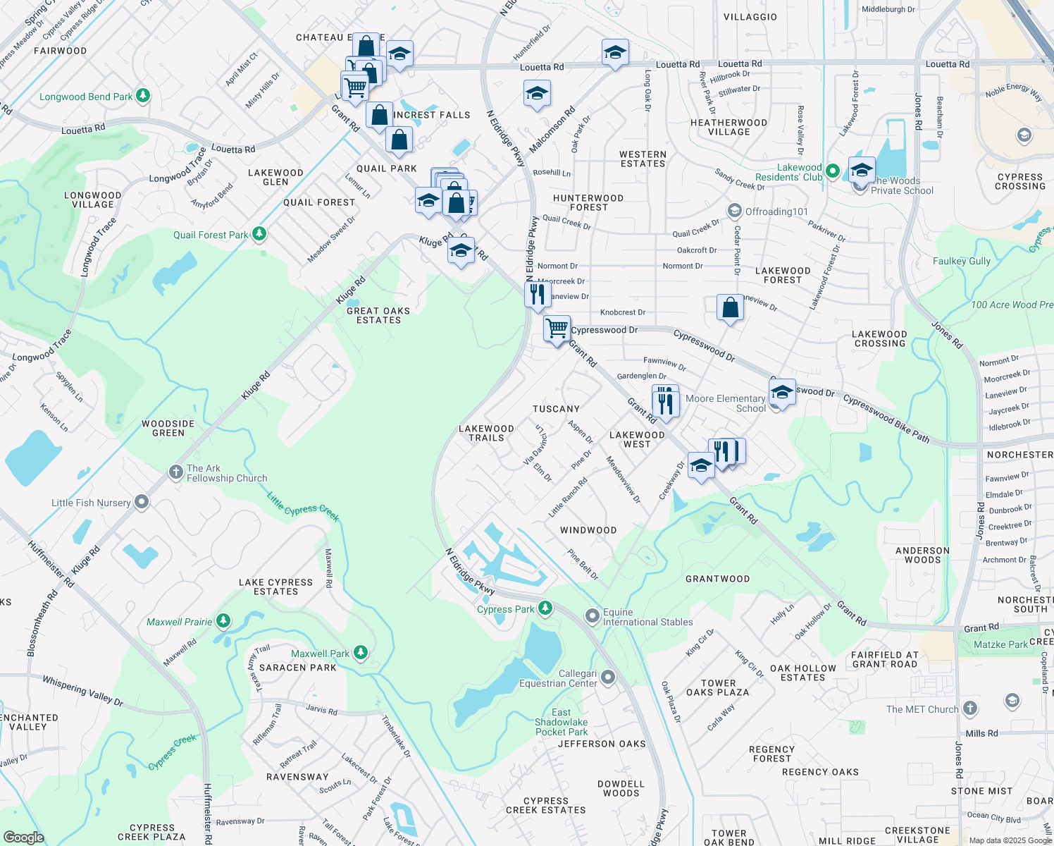 map of restaurants, bars, coffee shops, grocery stores, and more near 12123 Via Davinci Lane in Cypress