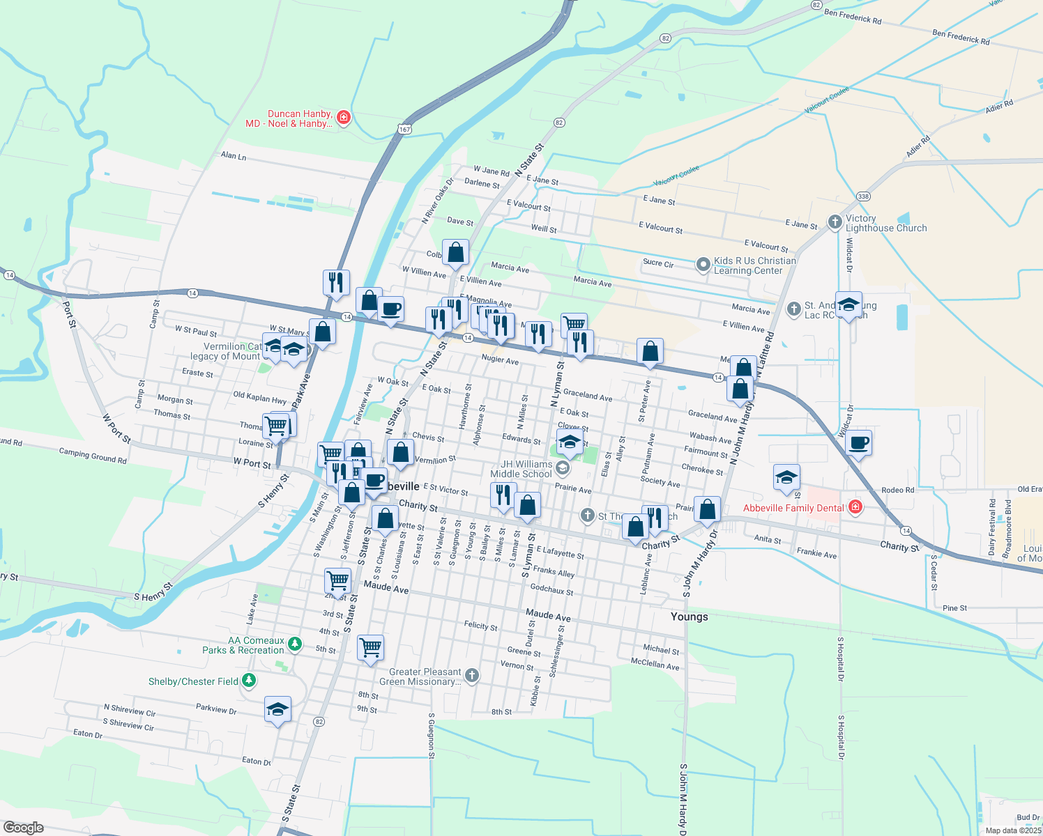 map of restaurants, bars, coffee shops, grocery stores, and more near 598 N Miles St in Abbeville
