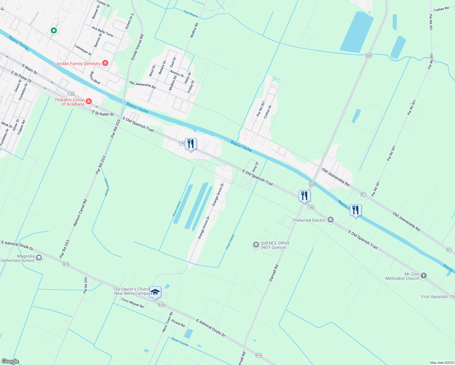 map of restaurants, bars, coffee shops, grocery stores, and more near 1600 Cottonwood Dr in New Iberia