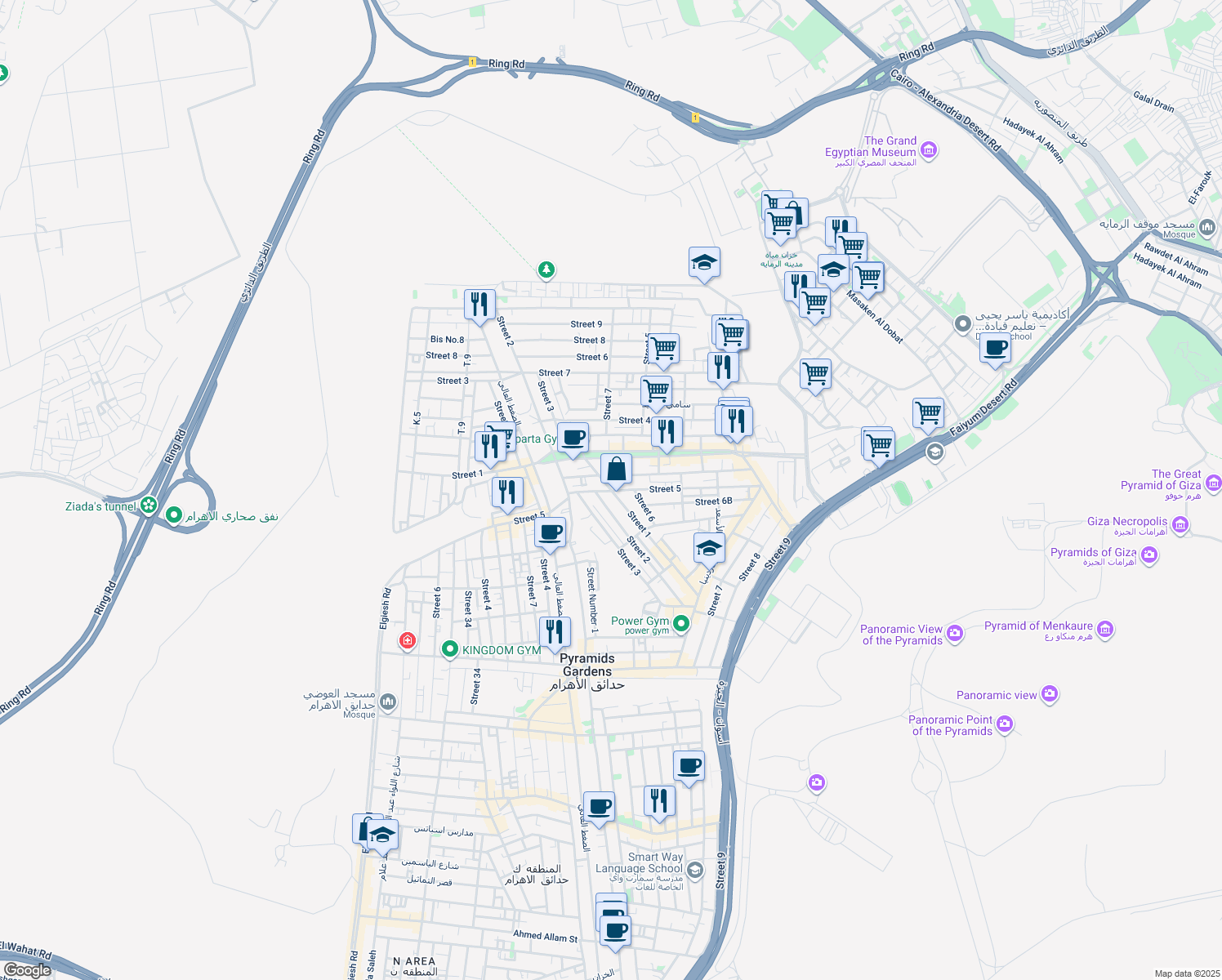map of restaurants, bars, coffee shops, grocery stores, and more near 22 Street 1 in Al Haram