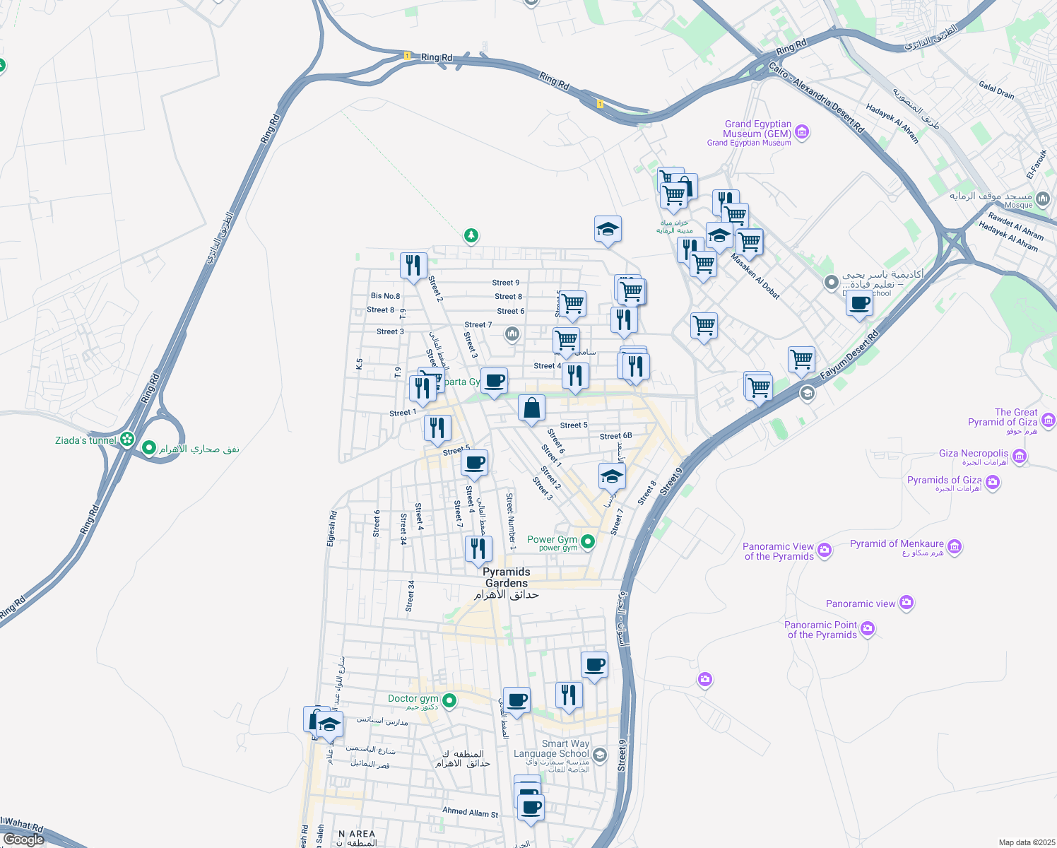 map of restaurants, bars, coffee shops, grocery stores, and more near 22 Street 1 in Al Haram