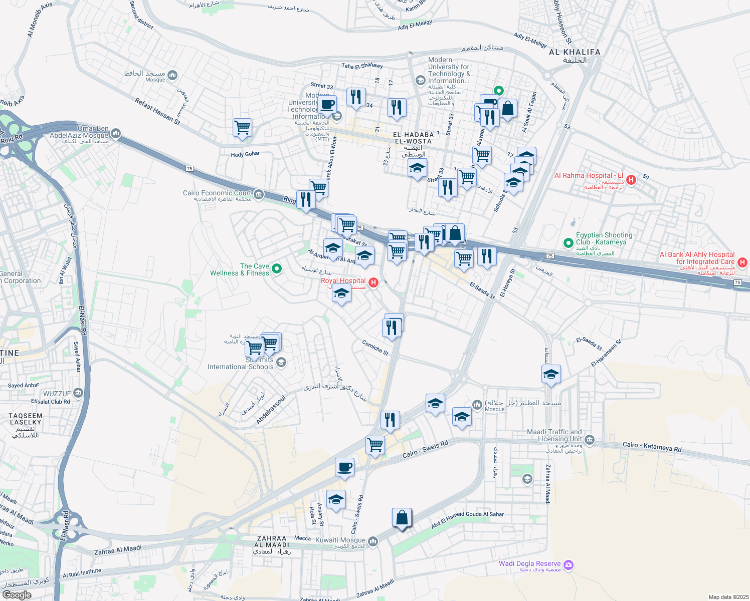 map of restaurants, bars, coffee shops, grocery stores, and more near in Maadi