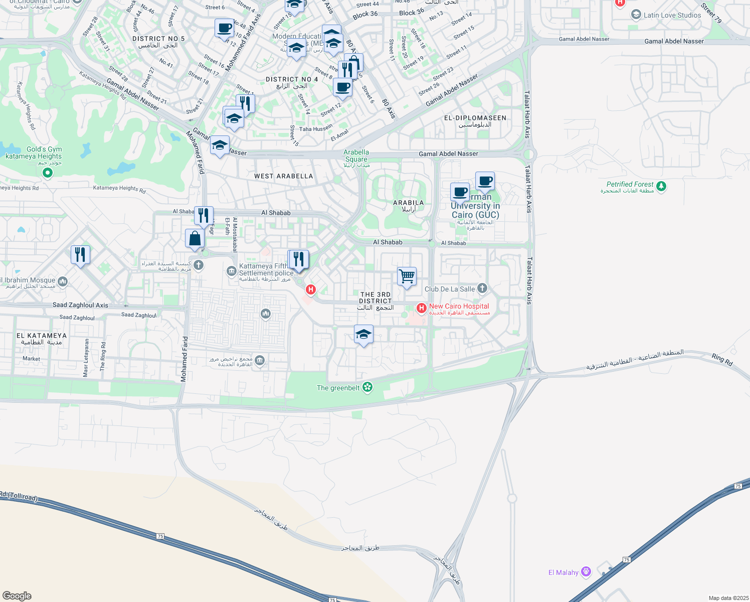 map of restaurants, bars, coffee shops, grocery stores, and more near in New Cairo 3