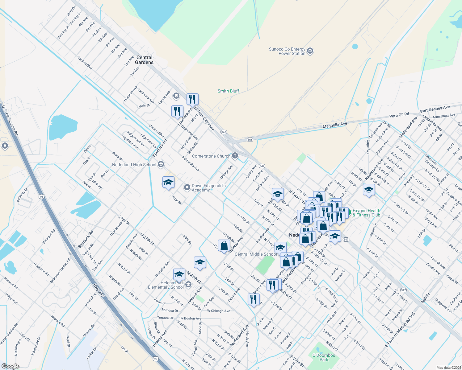 map of restaurants, bars, coffee shops, grocery stores, and more near 1408 Marshall Avenue in Nederland