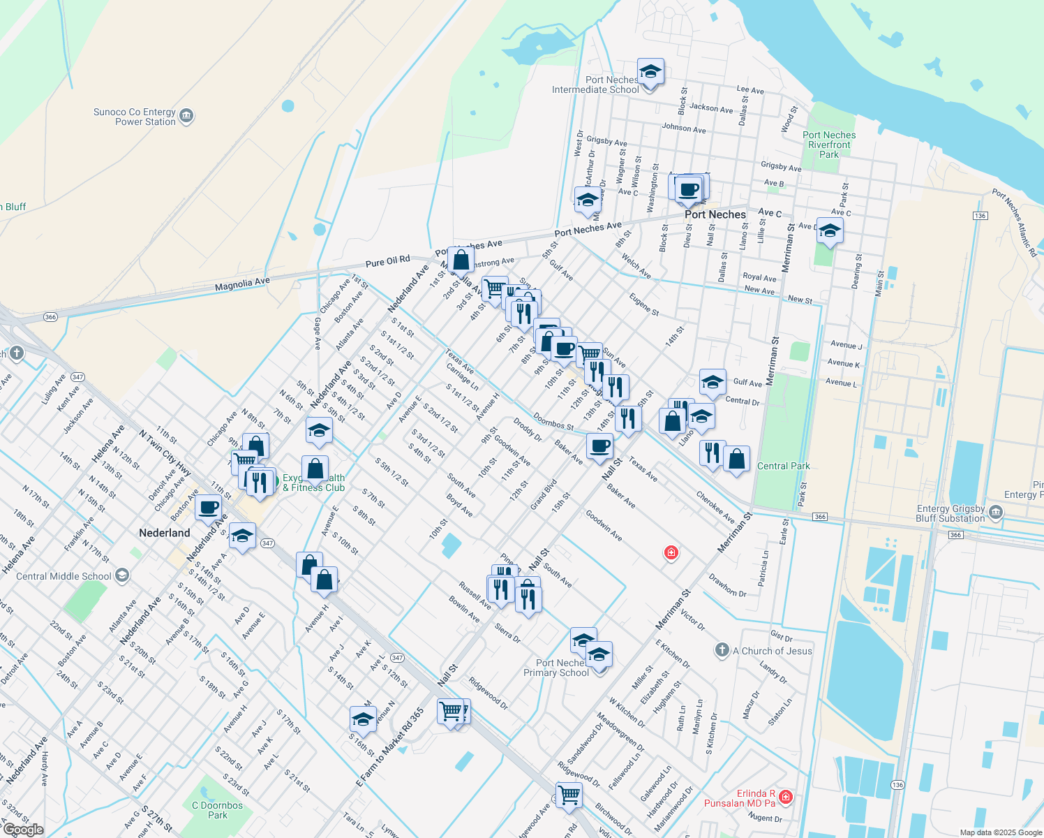 map of restaurants, bars, coffee shops, grocery stores, and more near 1402 Droddy Dr in Port Neches