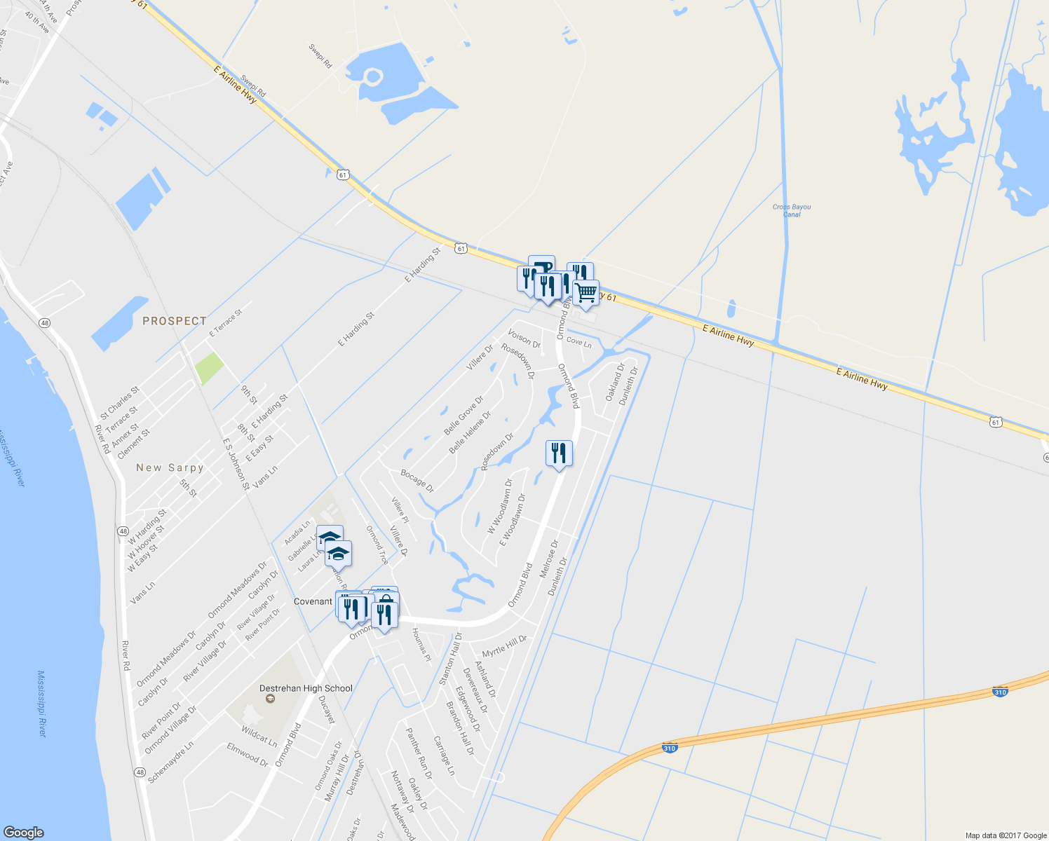 map of restaurants, bars, coffee shops, grocery stores, and more near 60 Rosedown Drive in Destrehan