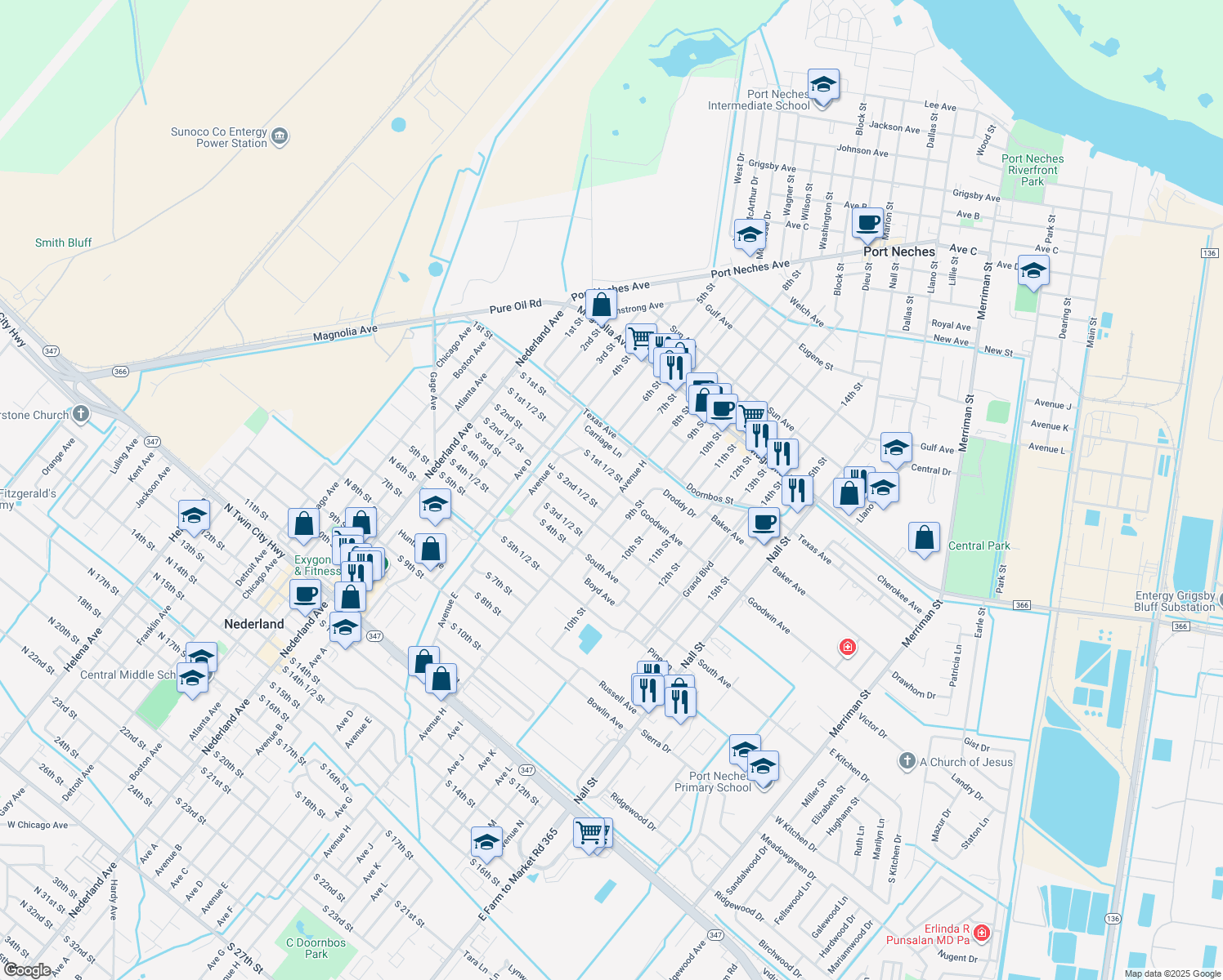 map of restaurants, bars, coffee shops, grocery stores, and more near 811 S 2nd St in Nederland