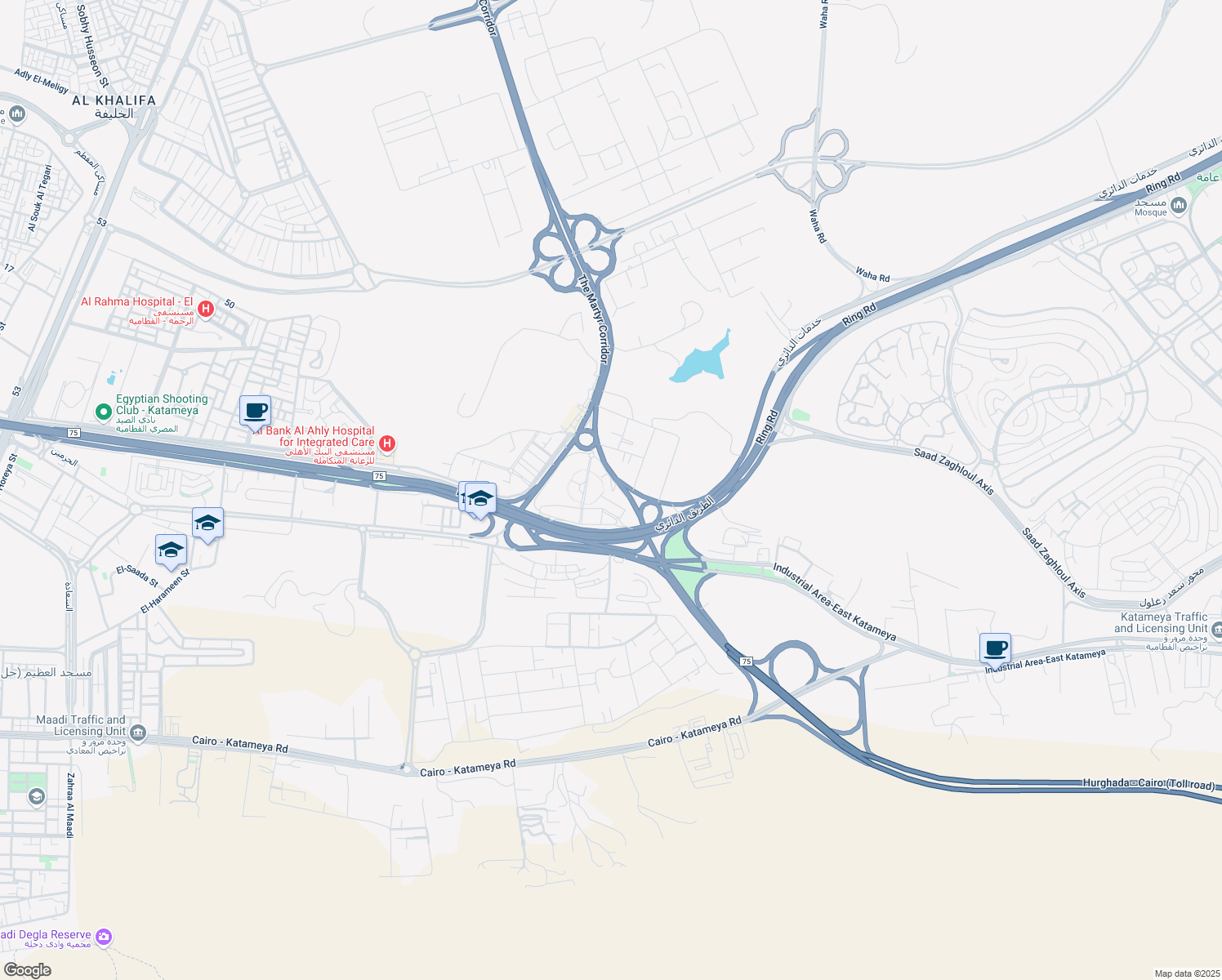 map of restaurants, bars, coffee shops, grocery stores, and more near Ring Road in El Mokattam