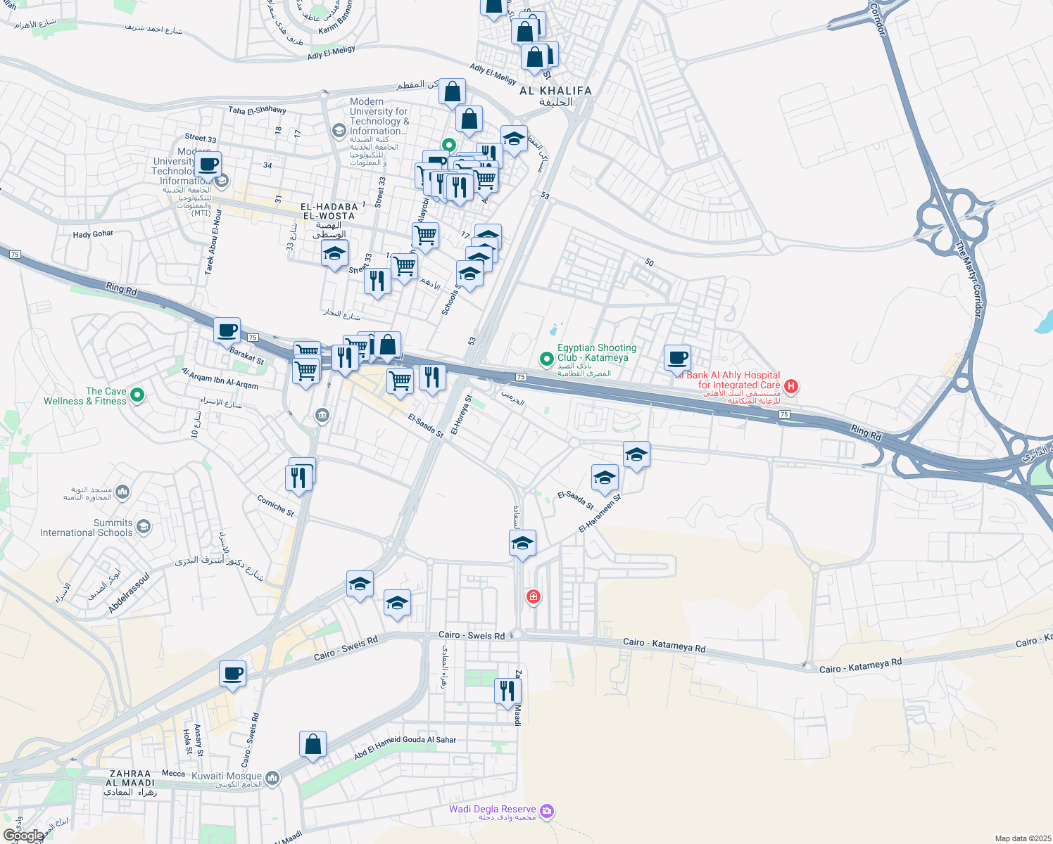 map of restaurants, bars, coffee shops, grocery stores, and more near Zahraa ElMaadi in El Basatin