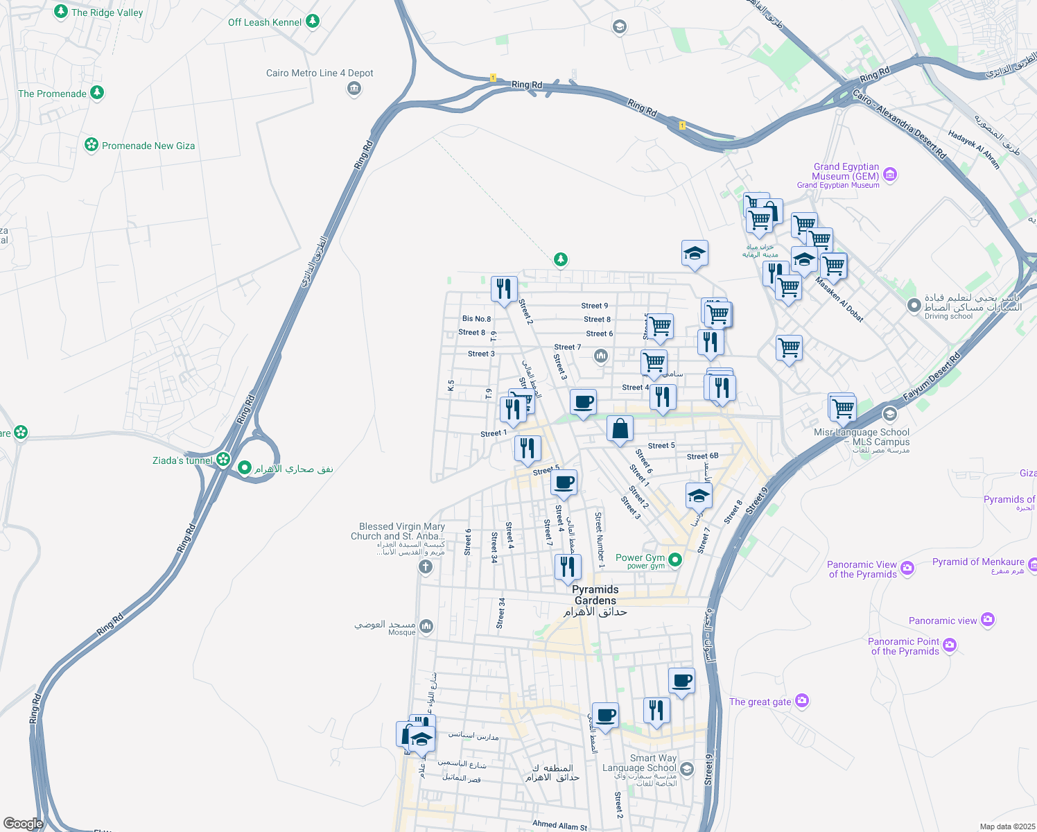 map of restaurants, bars, coffee shops, grocery stores, and more near Street 1 in Al Haram