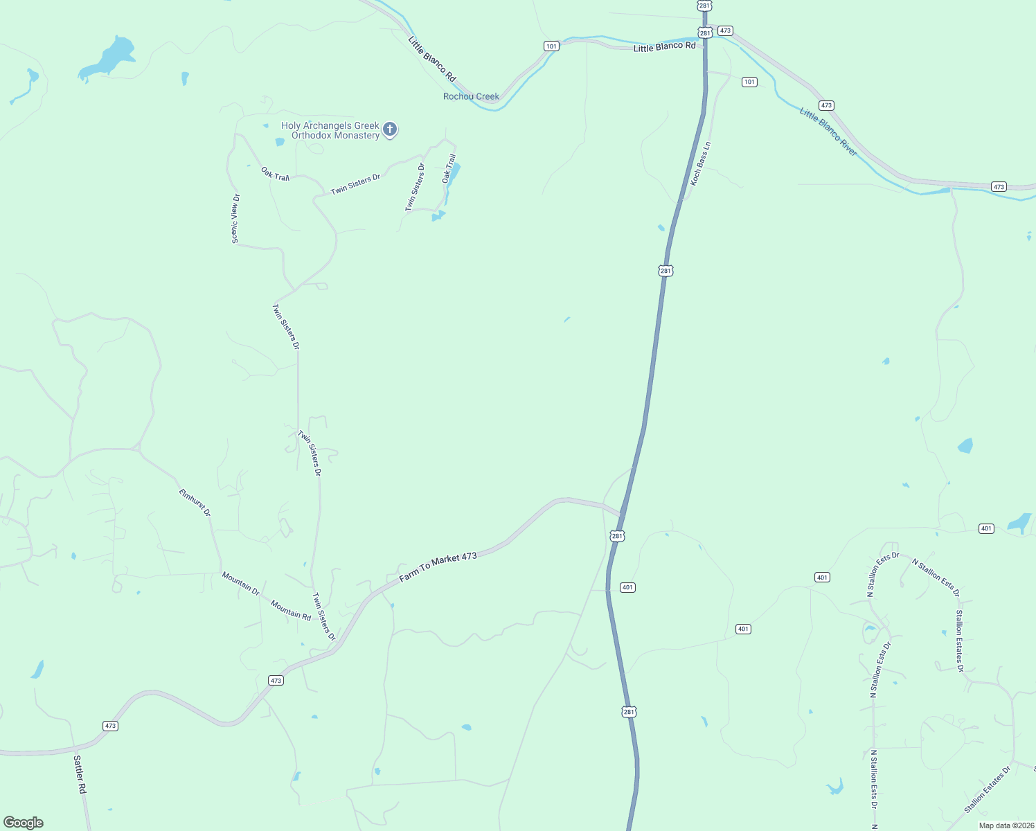 map of restaurants, bars, coffee shops, grocery stores, and more near Farm To Market 473 in Blanco