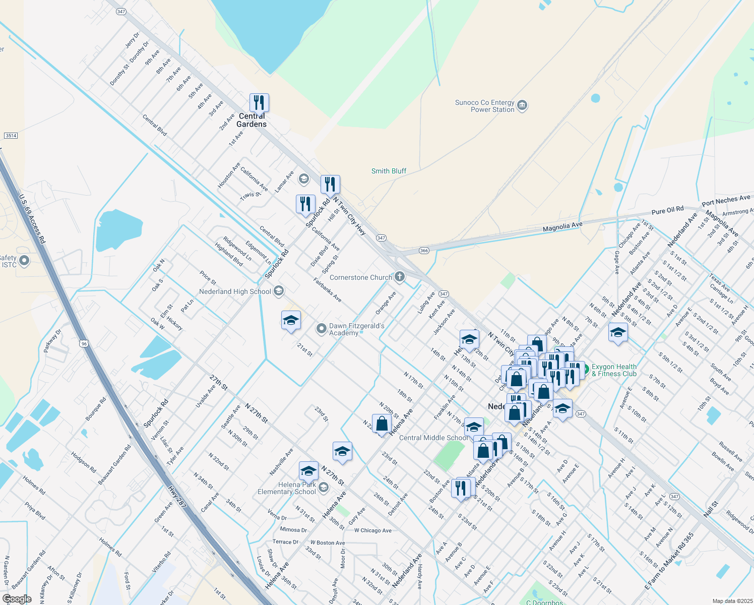 map of restaurants, bars, coffee shops, grocery stores, and more near 1319 Canal Avenue in Nederland