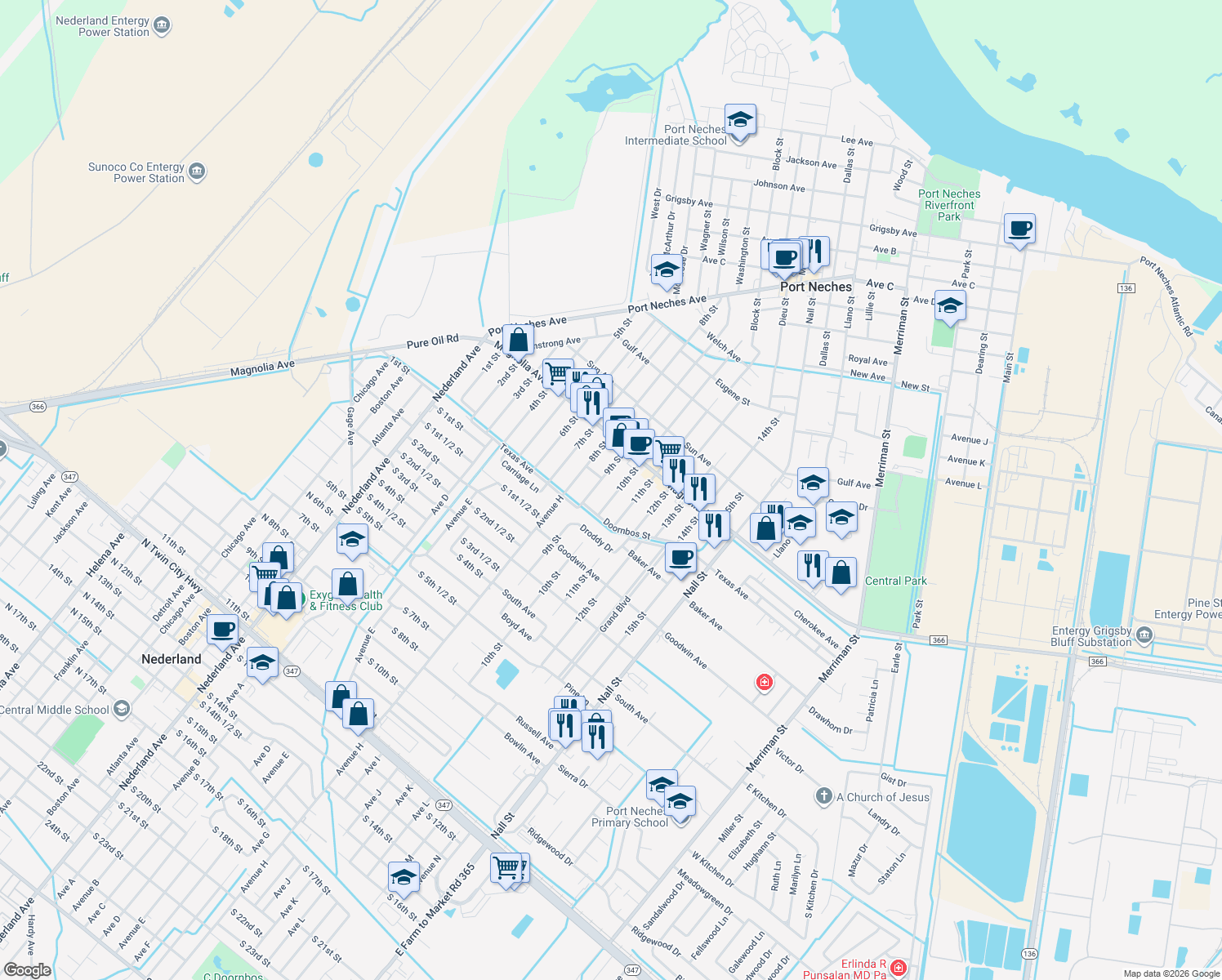 map of restaurants, bars, coffee shops, grocery stores, and more near 2302 10th St in Port Neches