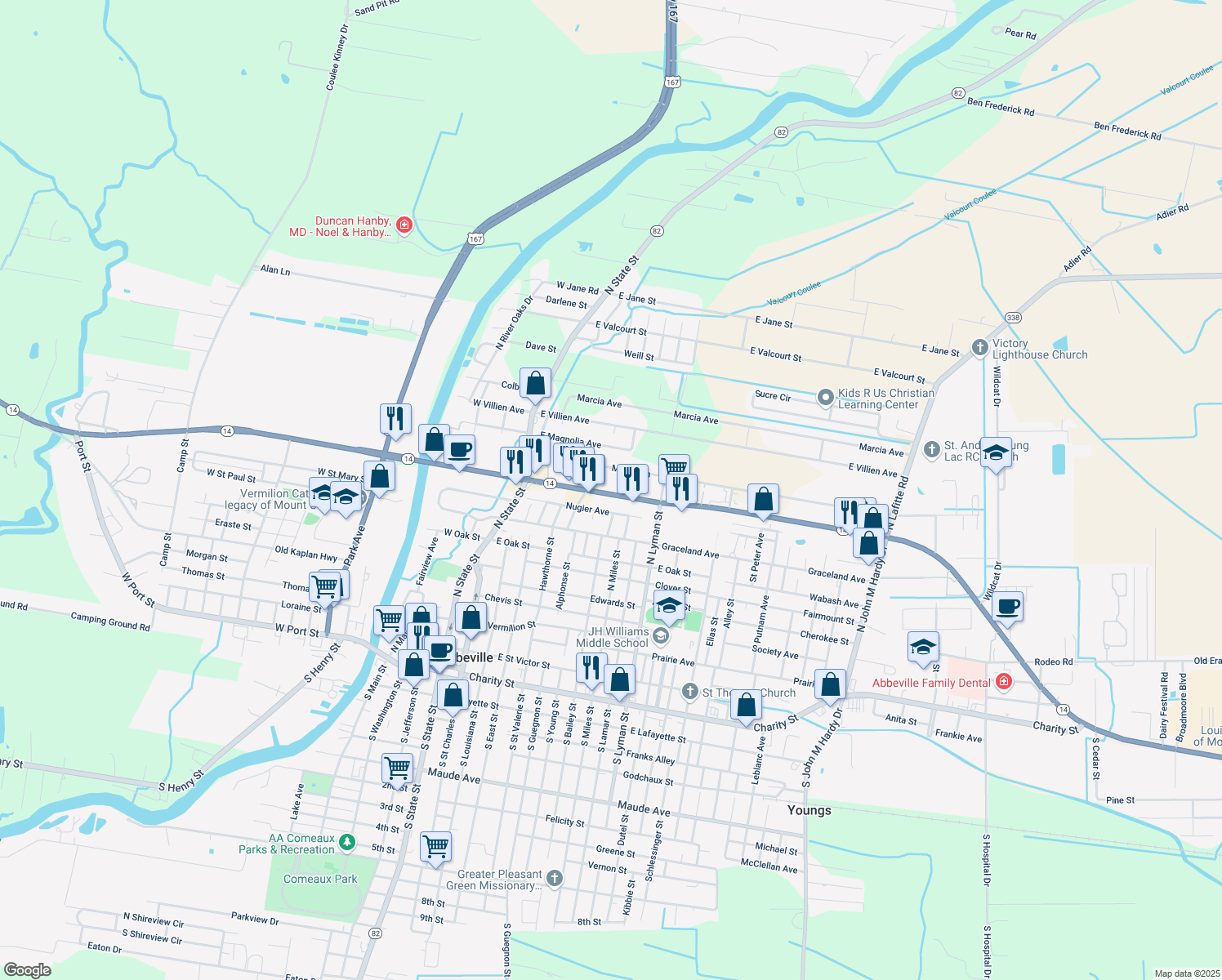 map of restaurants, bars, coffee shops, grocery stores, and more near 600 Veterans Memorial Drive in Abbeville