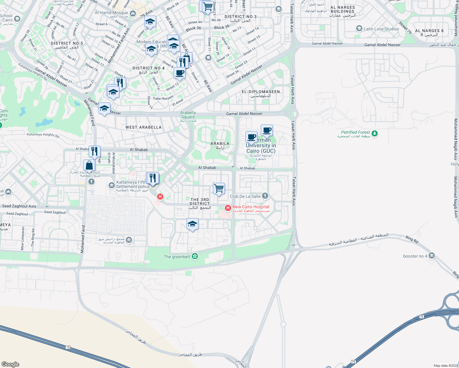 map of restaurants, bars, coffee shops, grocery stores, and more near in New Cairo 3