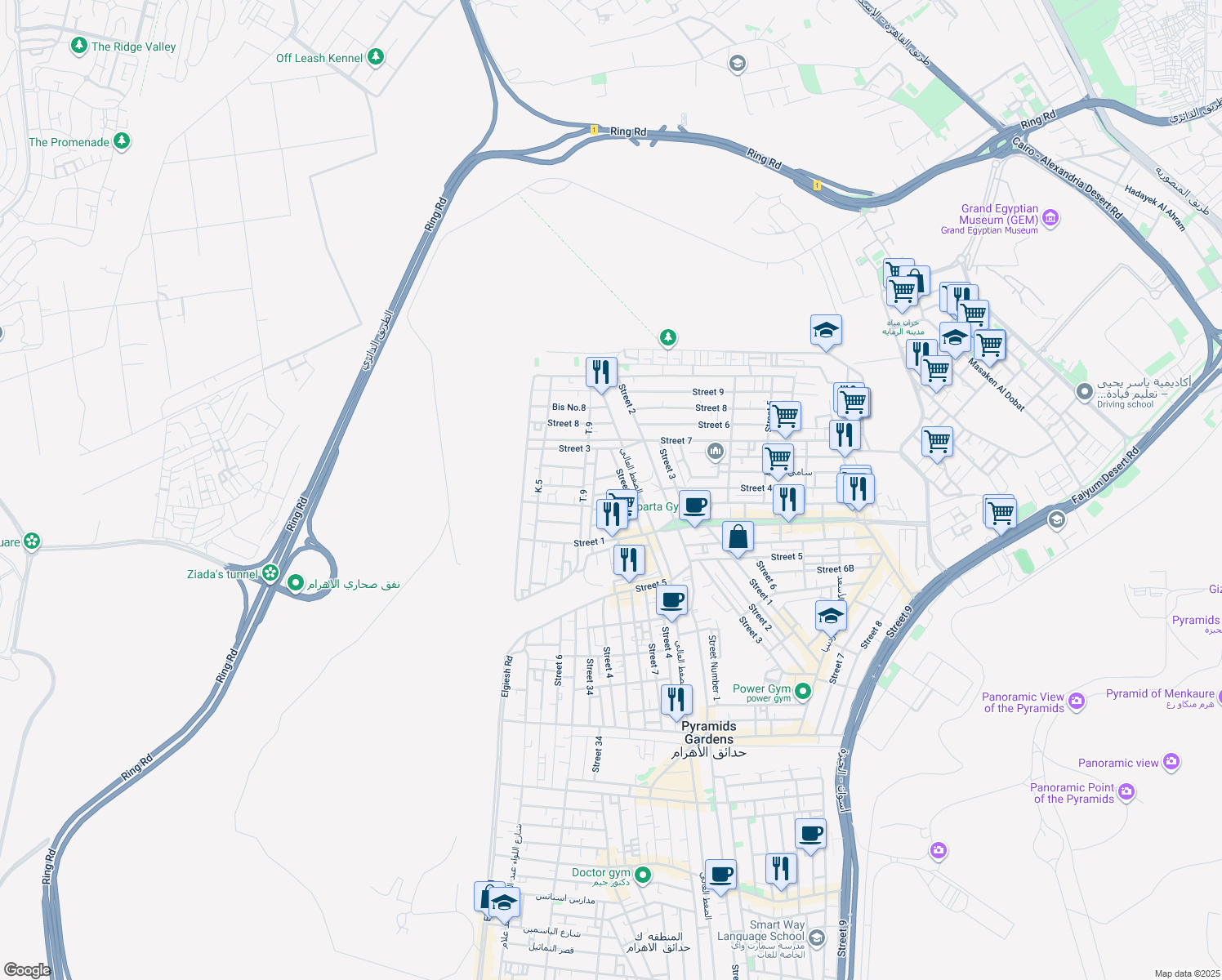 map of restaurants, bars, coffee shops, grocery stores, and more near in Pyramids Gardens