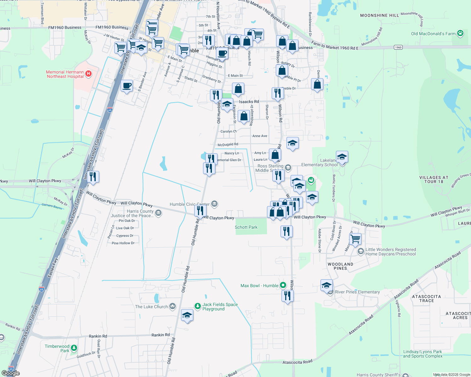 map of restaurants, bars, coffee shops, grocery stores, and more near 1118 Glen Valley Drive in Humble